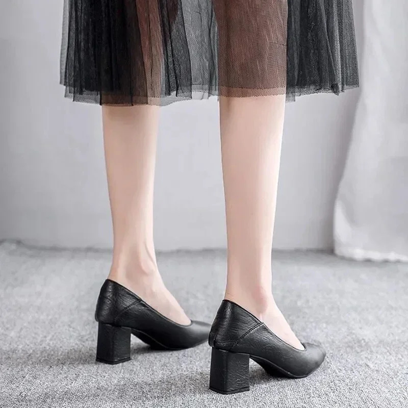 3-5cm Chunky Heeled Women Shoes Square Heel Leather Shoes Pumps Zapatos De Mujer Fashion Office Ladies Single Shoe 241225