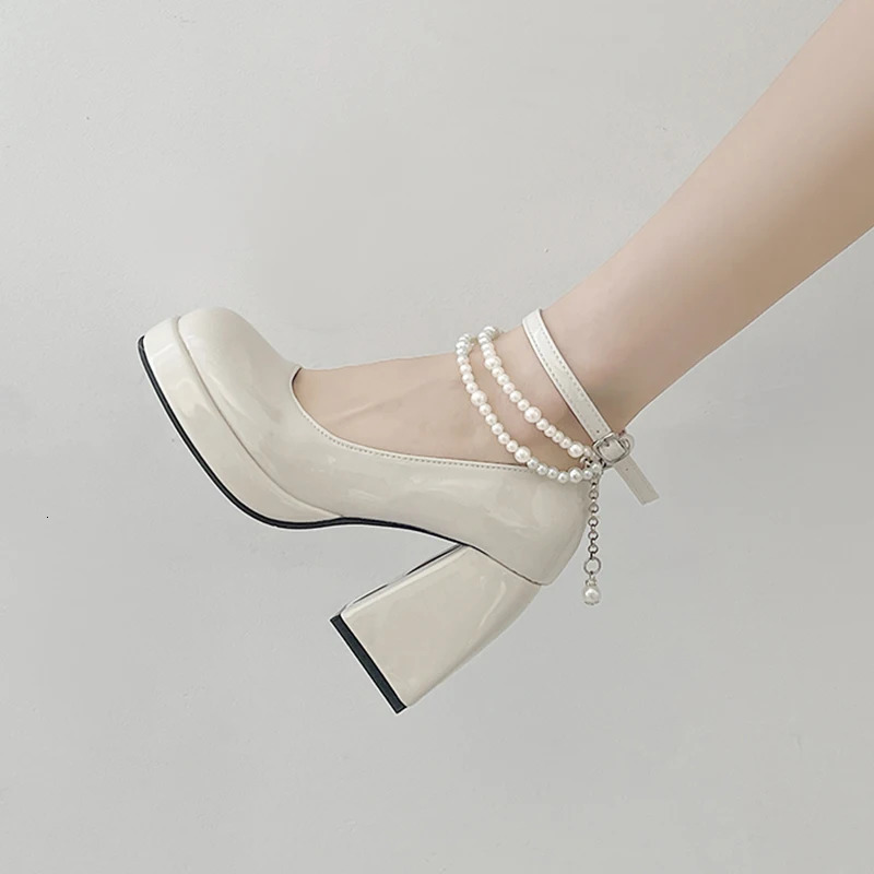 Y2K Chunky Platform High Heels Pumps Women Summer Patent Leather Black White Lolita Shoes Woman Pearl Ankle Straps Pumps 241225