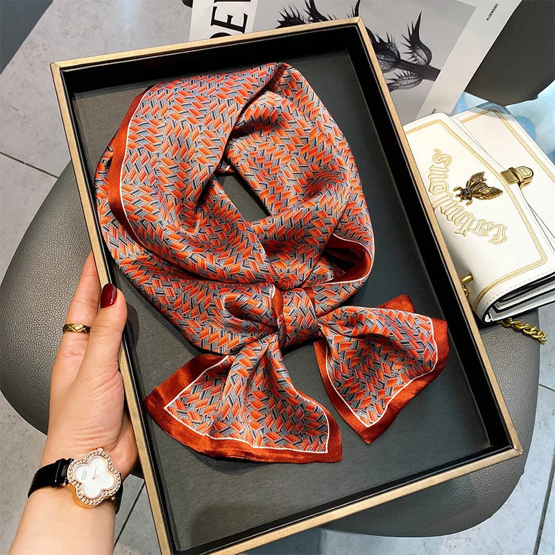 faux Real Silk Skinny Scarves Handle Bag Ribbons Foulard Tie Hair Band Neckerchief Print Headbands For Women 241225