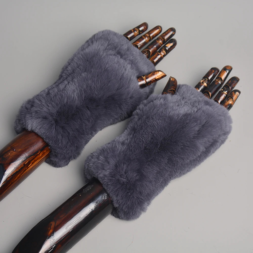 Women Real Genuine Knitted Rex Rabbit Fur Mitten Winter Warm Lady Real Fur Fingerless Gloves Handmade Knit Fur Mitten 241225