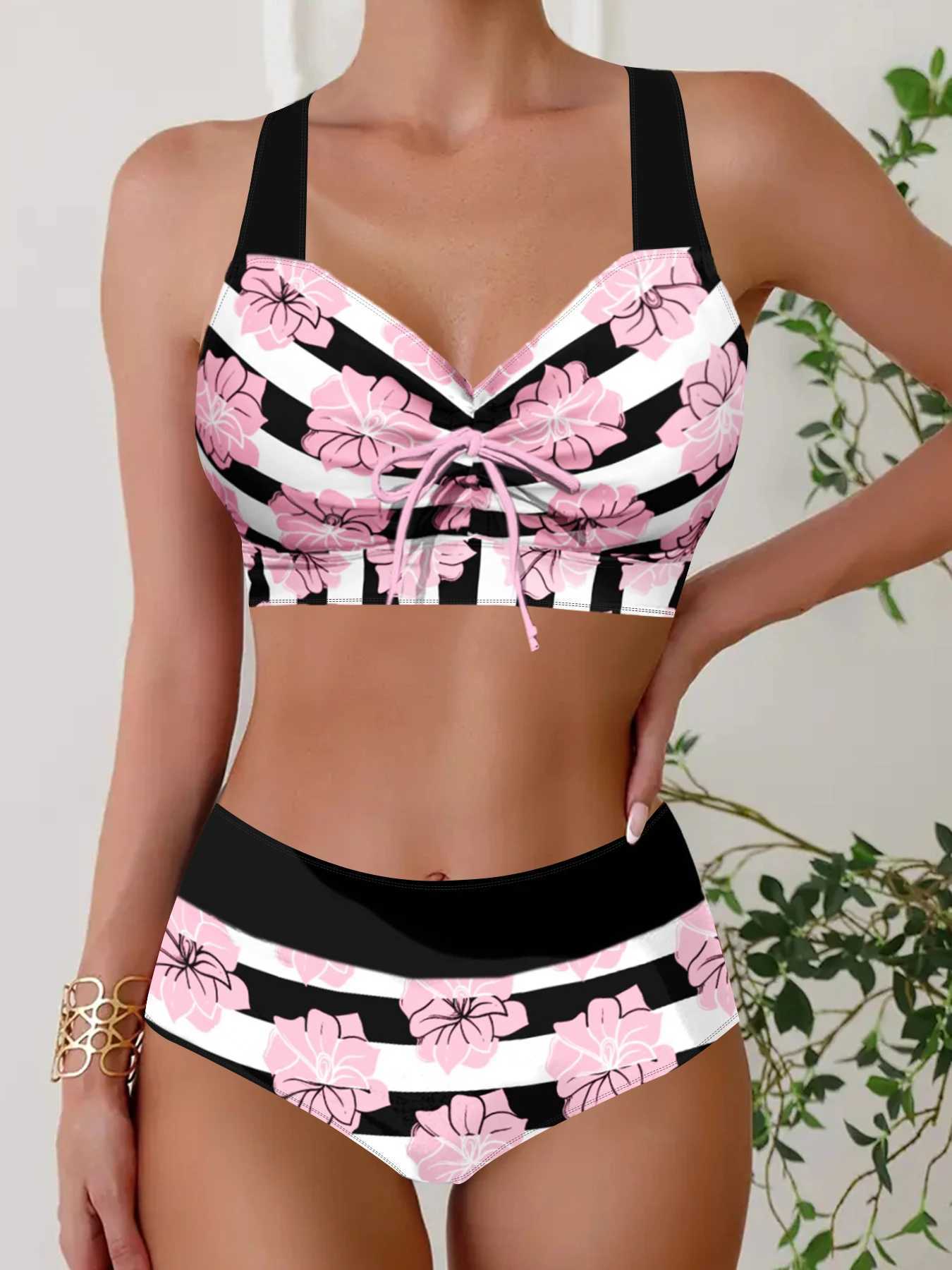 Summer Fashion Comfortable Resort Swimsuit Womens Seaside Bikini Pink Printed Swimsuit Two Piece S-6XLW241225
