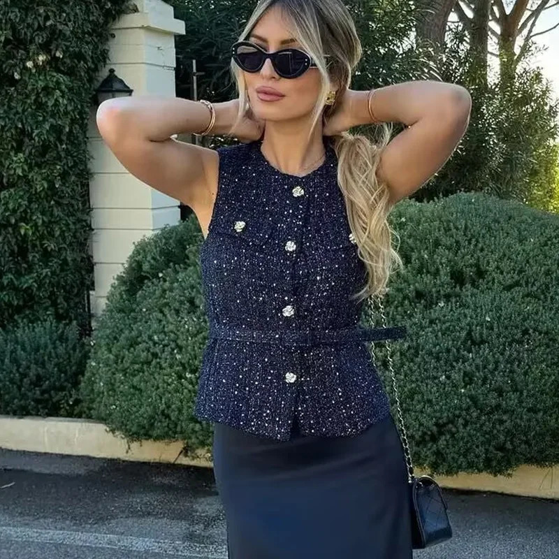 TRAF Womens Vests Cropped Tweed Sleeveless Vest Woman Office Autumn Blue Outerwears Formal Belt Waistcoat Women Short 241220