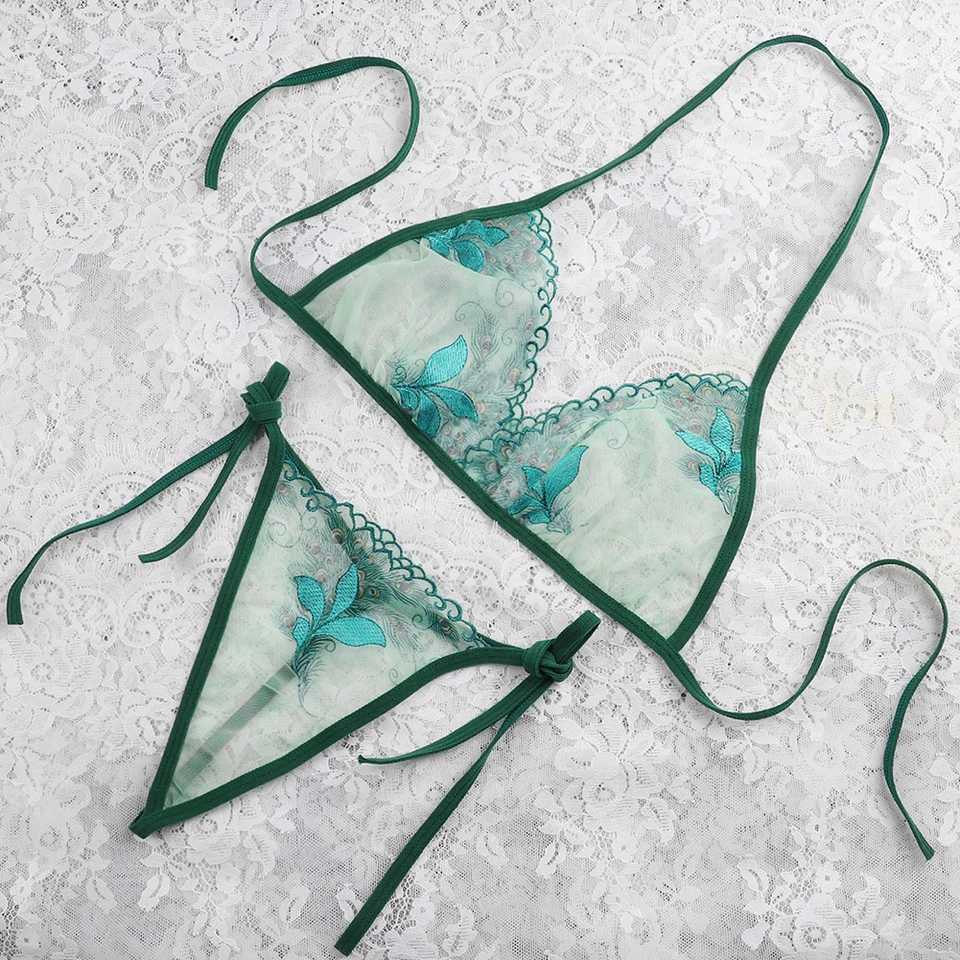 Sexy lingerie womens bikini embroidery flower 3-point transparent mesh lace up bra+thongW241225