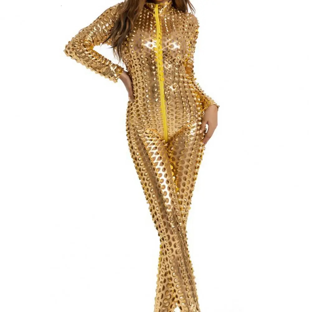 Sexy Women Jumpsuit Leather Skinny Hollow Out Hole Slim Elastic Zipper Club Party DJ Pole Jazz Dance Performance 241225