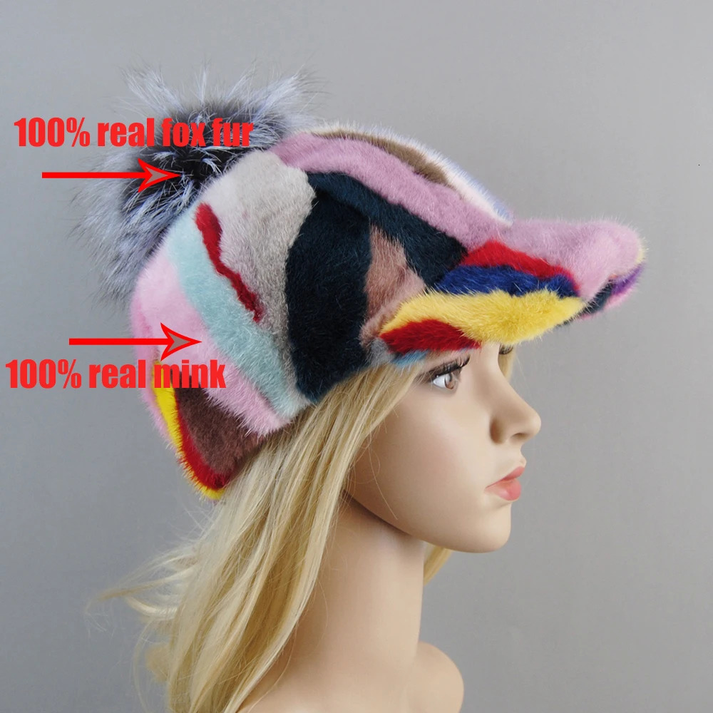 2024 Female Cute Fashion Winter Fox Fur Ball Hat Windproof Colorful Baseball Caps Real Mink Fur Hat Women Thick Warm Russian Cap 241225