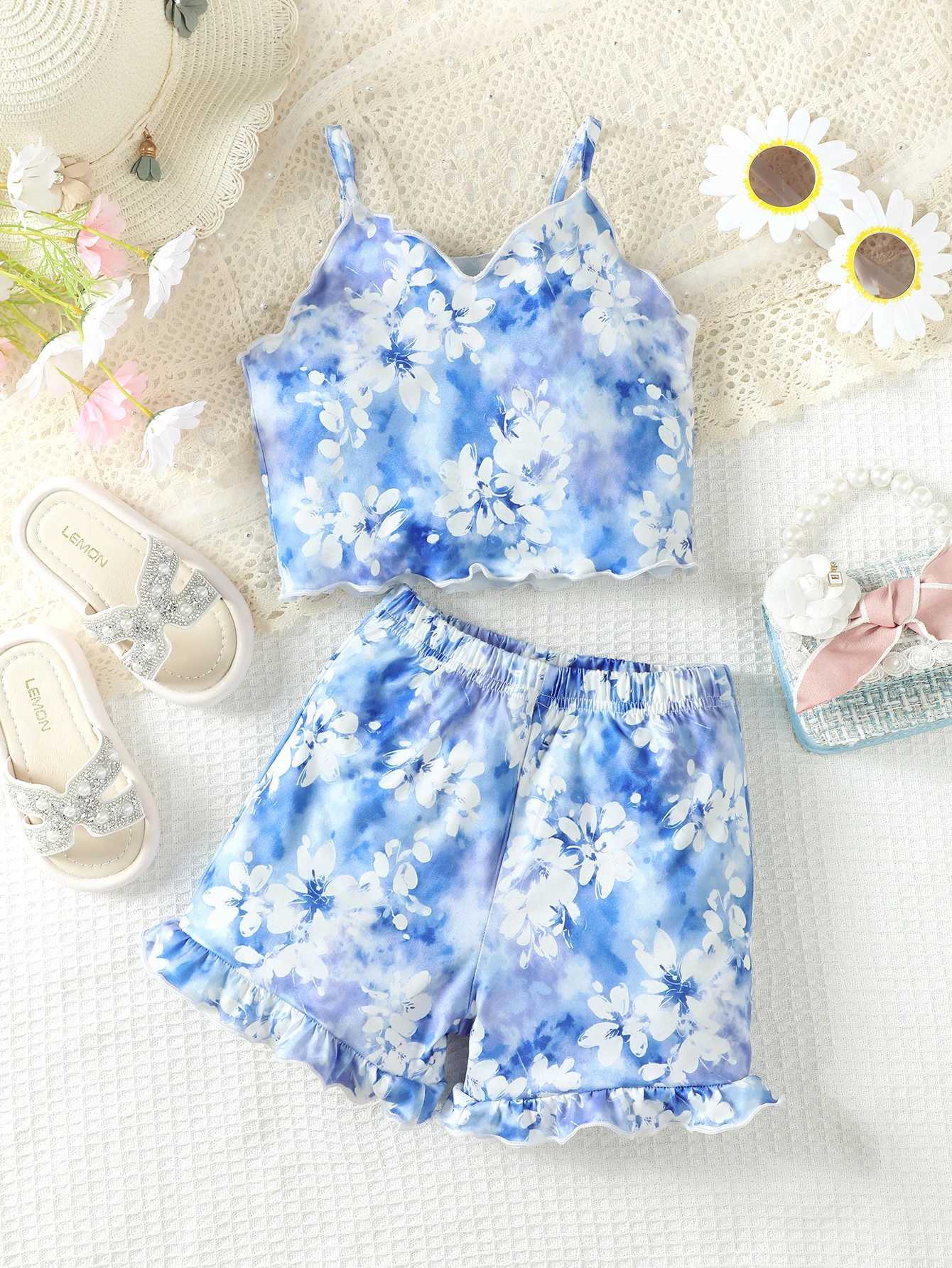 Clothing Sets 2PCS Summer Kid Girls Lovely Clothes Set Floral Sling Top with Shorts Fresh Pastoral Daily Casual Costume Childre Girl 4-7 YearsY241225E