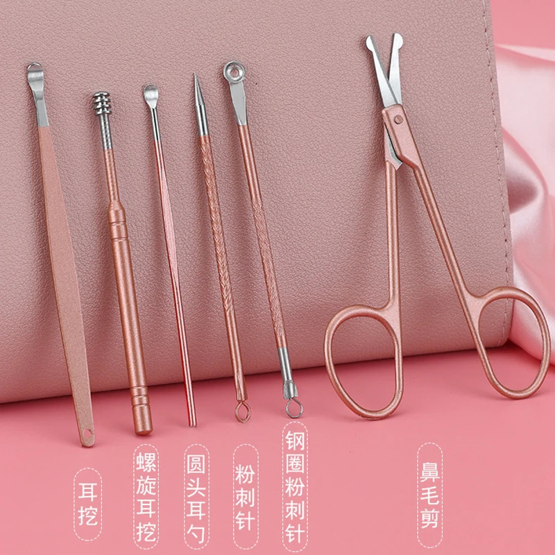 Rose Gold Nail Clipper Set Stainless Steel Manicure Nail Scissors Pedicure Kit Nippers Trimmer Care Tools With Pink Folding Bag 241225