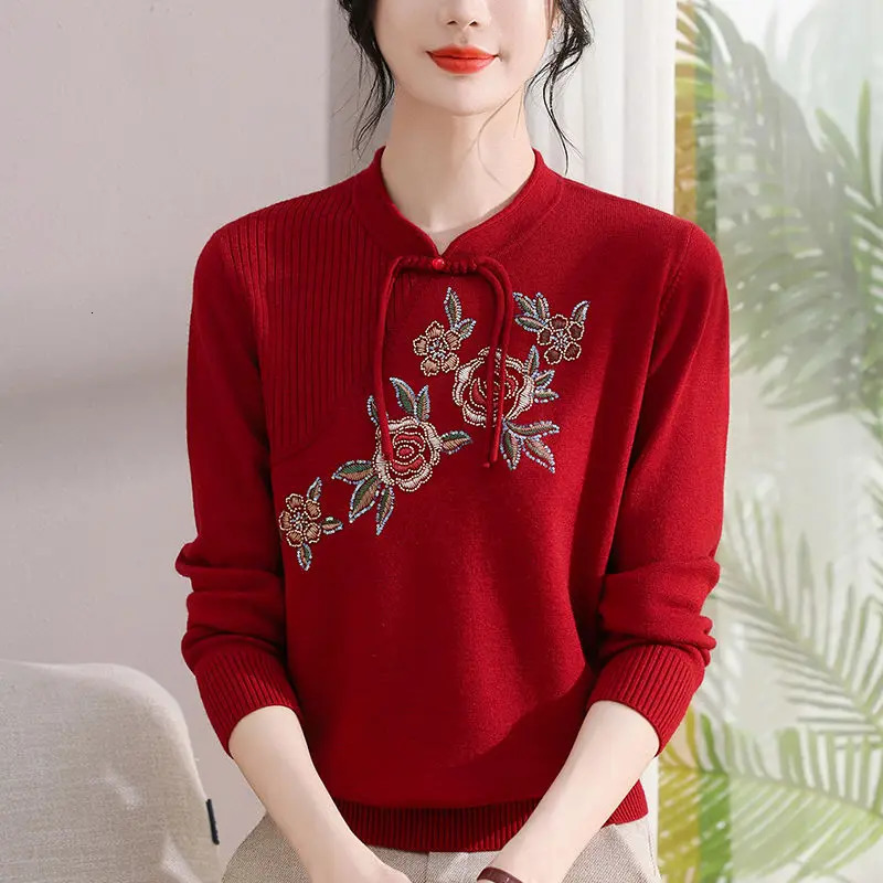Women Clothing Y2k Chic Vintage Embroidery Pullovers Temperament Elegant Chinese Style Sweaters Autumn Loose Knit Tops 241225