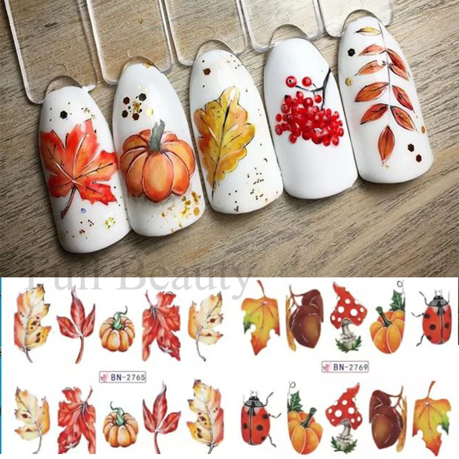 12pcs Fall Leaves Nail Art Stickers Maple leaf Animal Cartoon Water Slider Abstract Nail Decals Autumn Flowers Decor Manicure 241225