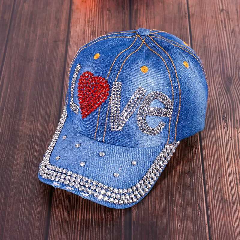 Diamond inlaid baseball cap Korean style womens summer sun hat denim letter rhinestone toe cap snap hip-hop hat W241225