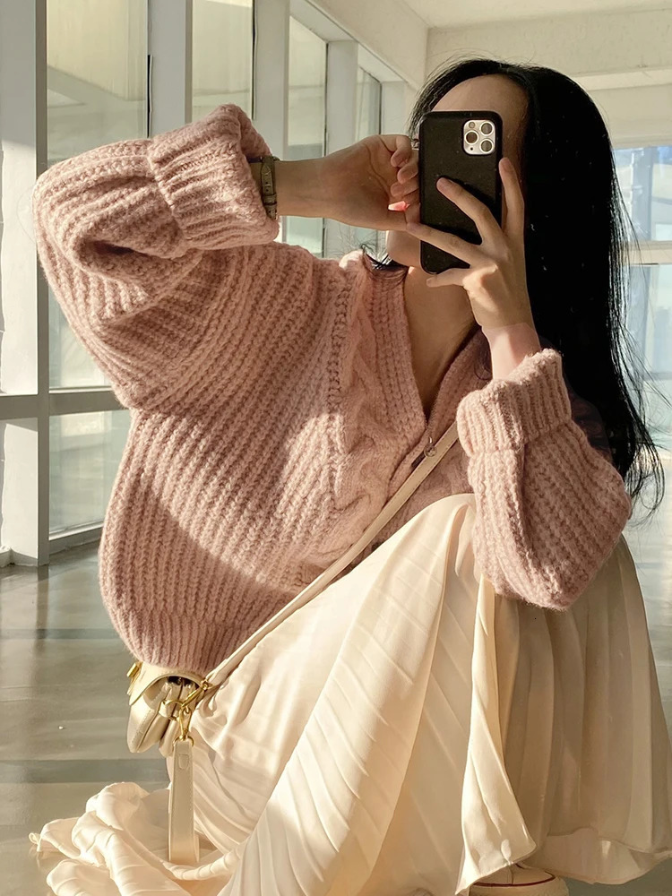 Korean Thick Women Cardigan Knitted Sweater Autumn Winter chic Loose Long Sleeve Tops Simple Solid sweater jacket for Female 241225
