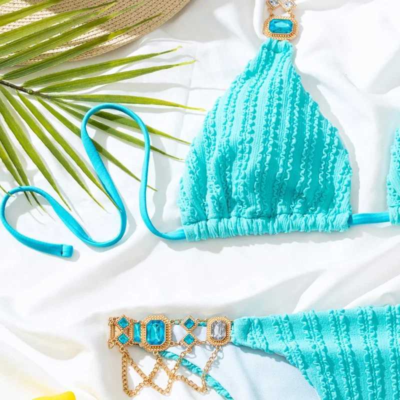 Luxury Rhinestone Diamond Womens Bikini 2024 Sky Blue 2-piece Swimsuit Summer Beach Boom SwimsuitW241225