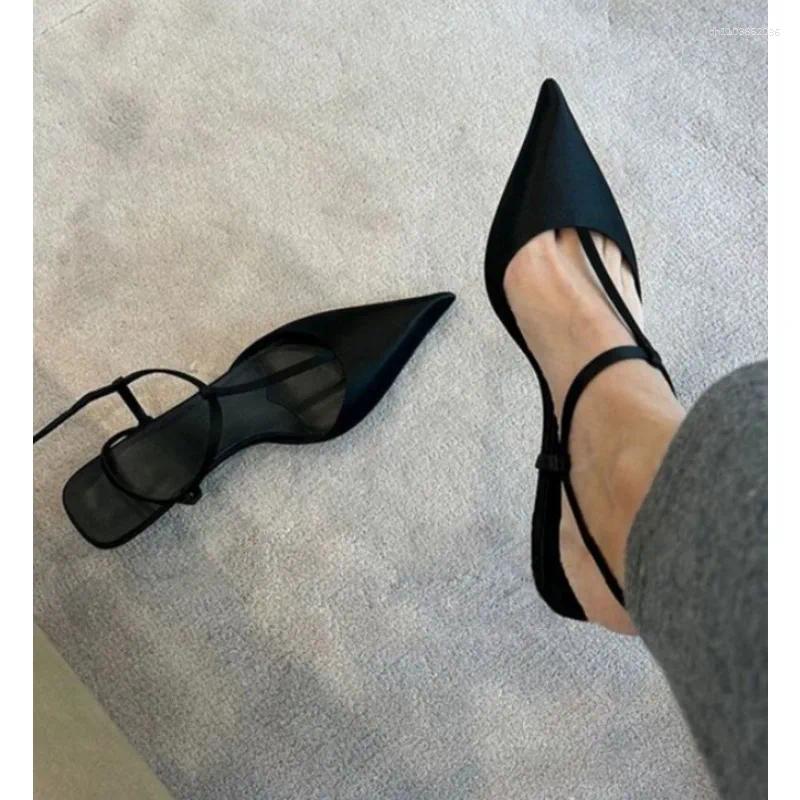 Dress Shoes Elegant Satin Pointed Toe Back Empty Sandals Women's One-word Buckle Sexy Kitten Heel High Pumps Sandalias