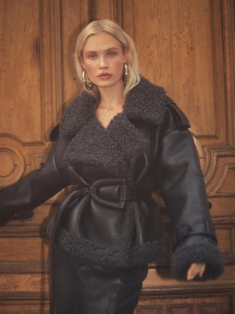 Fashion Retro Black Leather Womens Jacket Winter Plush Lining Warm Thicken Jackets Casual Turndown Collar Women Outerwears 241217