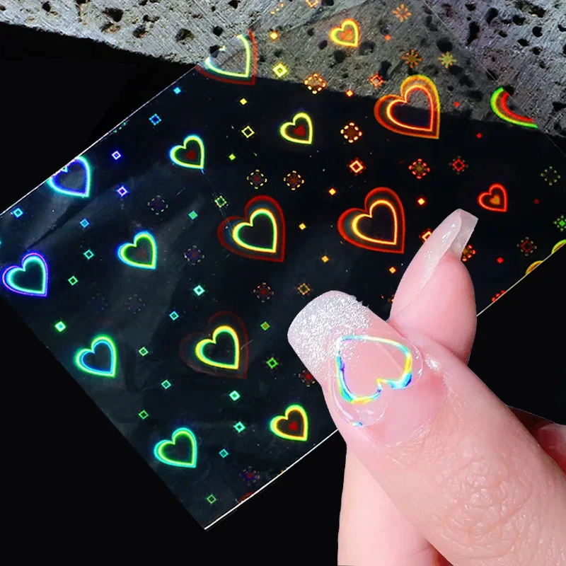 Heallor 3D Laser Nail Art Stickers Stars DIY Hearts Shape Transfer Decals Holographic Sliders Nail Decorations Manicure Accessor 241225