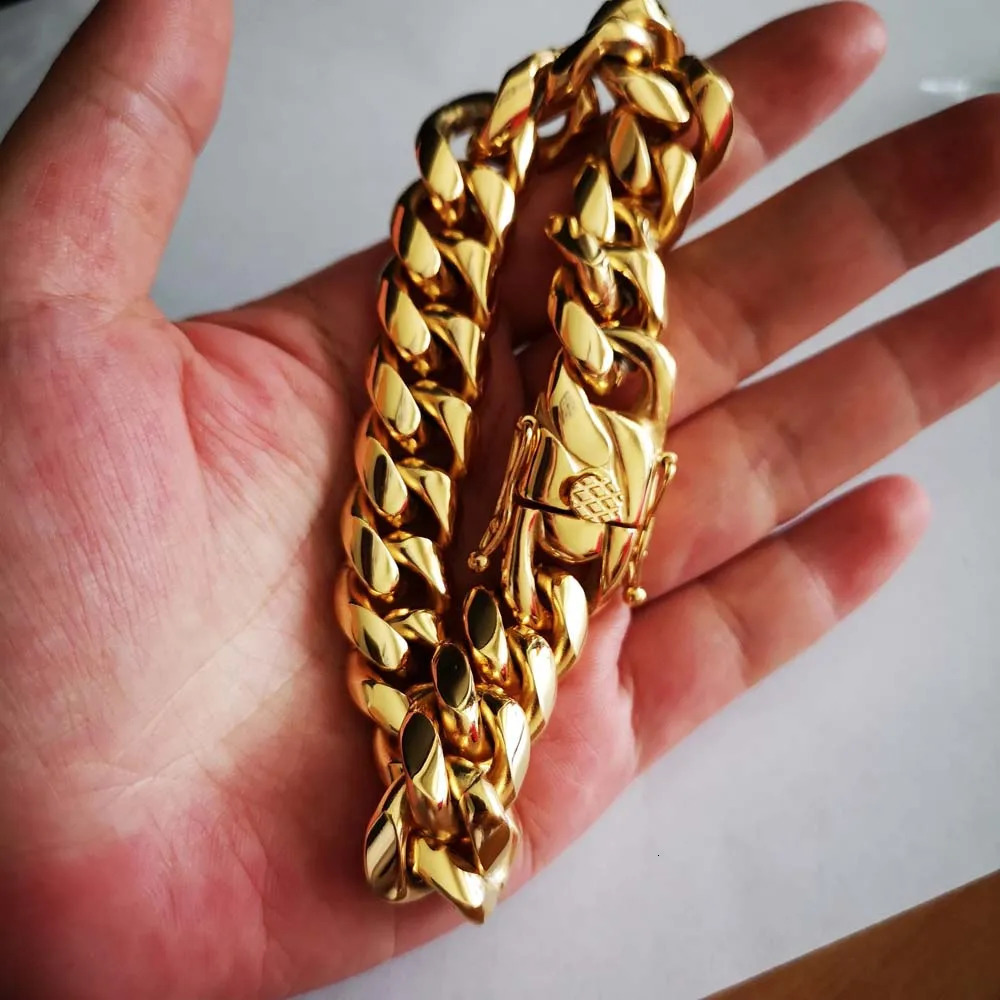 Stainless Steel Miami Curb Cuban Chain Bracelets Hip Hop 18K Stamp Gold Plated Jewelry Men Women Lock Clasp Bangles 7 ~8.5 inch 241225