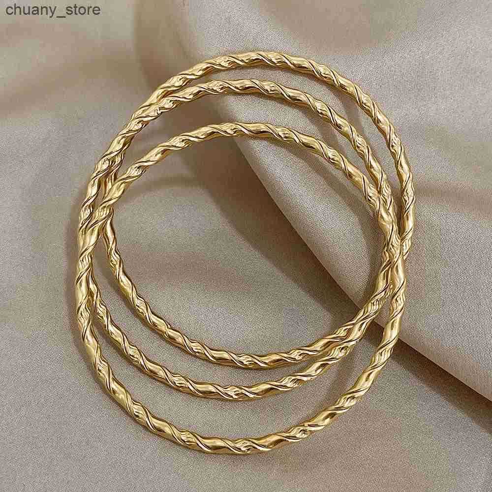 Chain 3pcs Gold Color Twist Stainless Steel Bangle Chic Classic Tibetan Buddha Golden Stacked Bangles For Women L240910