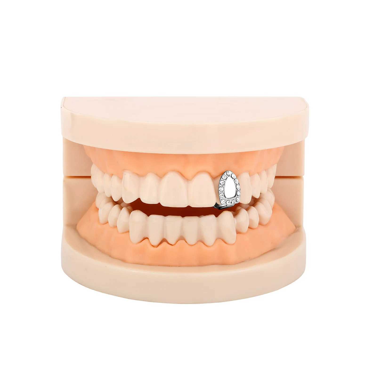 Custom Fit Silver Gold Plated HipHop Single Tooth Grillz C Zircon Top Bottom Dental Grill Teeth Cs Halloween CosplayXJ241225