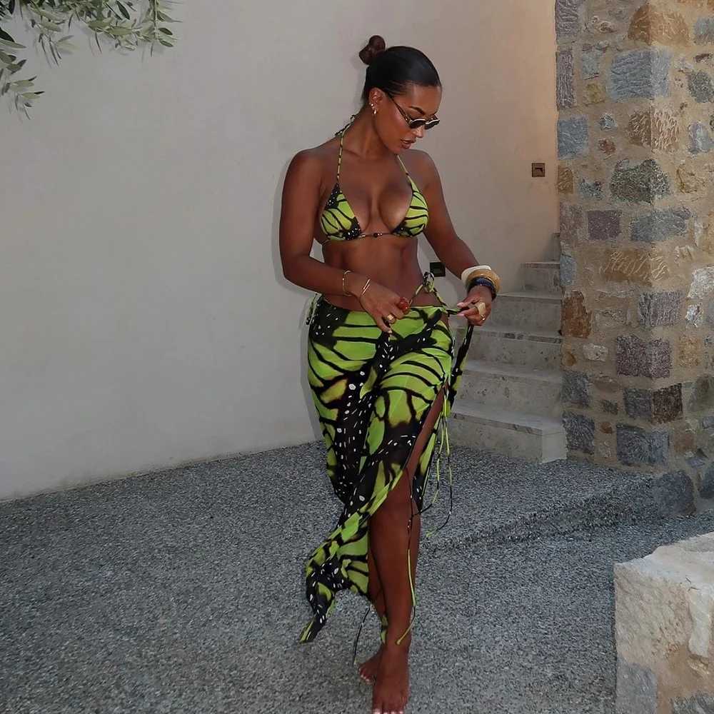 Sexy 3-piece bikini 2025 womens swimsuit printed swimsuit Brazilian bikini set Biquini womens swimsuit beachwearW241225