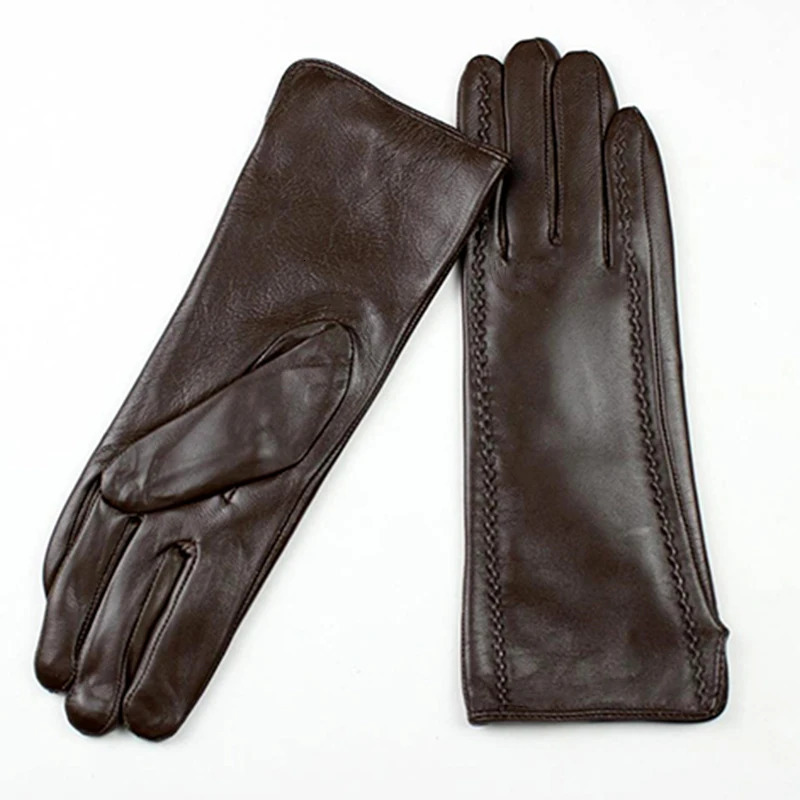 Sheepskin Gloves Womens Mid-Length Striped Style Velvet Lining Autumn and Winter Warmth Ladies Brown Leather Finger Gloves 241225