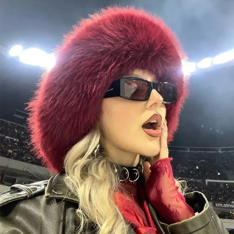 Oversized faux fur bucket hat for winter warm and fluffy fishermans women fashionable party thick basin 241223