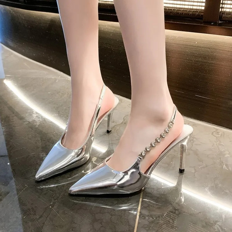 Shiny High Heels Sgback Sier Women Pumps Metallic Crystal Sandals Pointy Toe Stiletto Heeled Party Dress Shoes Woman