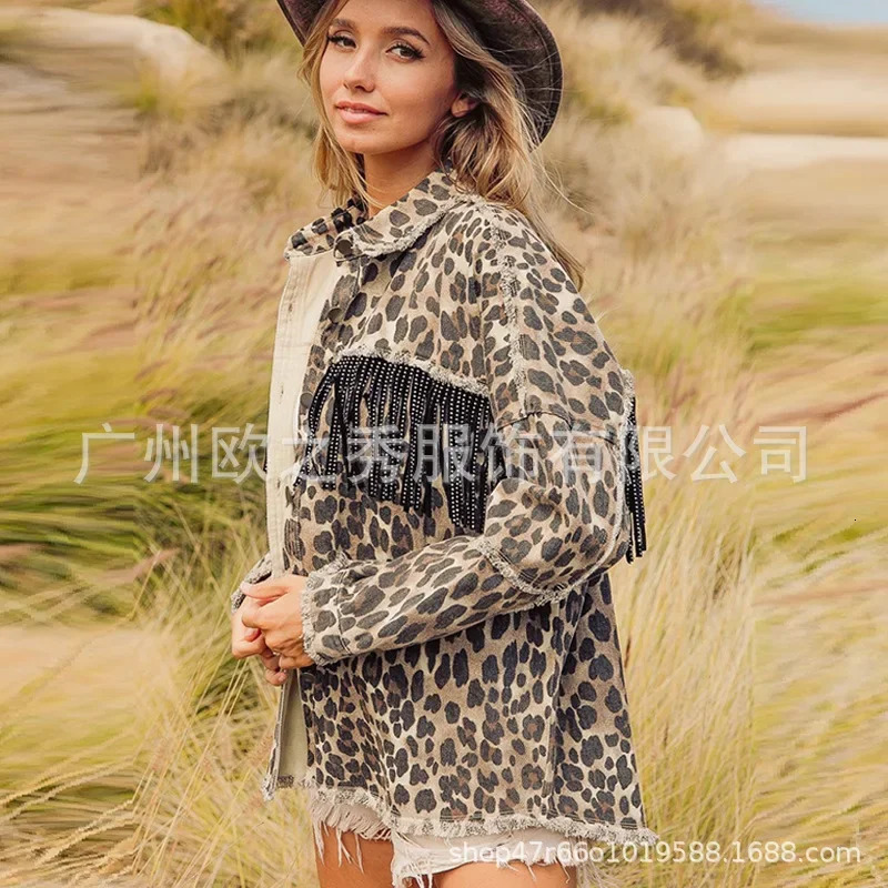 Women Spring Diamonds Beaded Tassels Washed Old Leopard Printed Denim Jacket Fringed Jeans Coat Cow Cardigan Streetwear Tops 241223