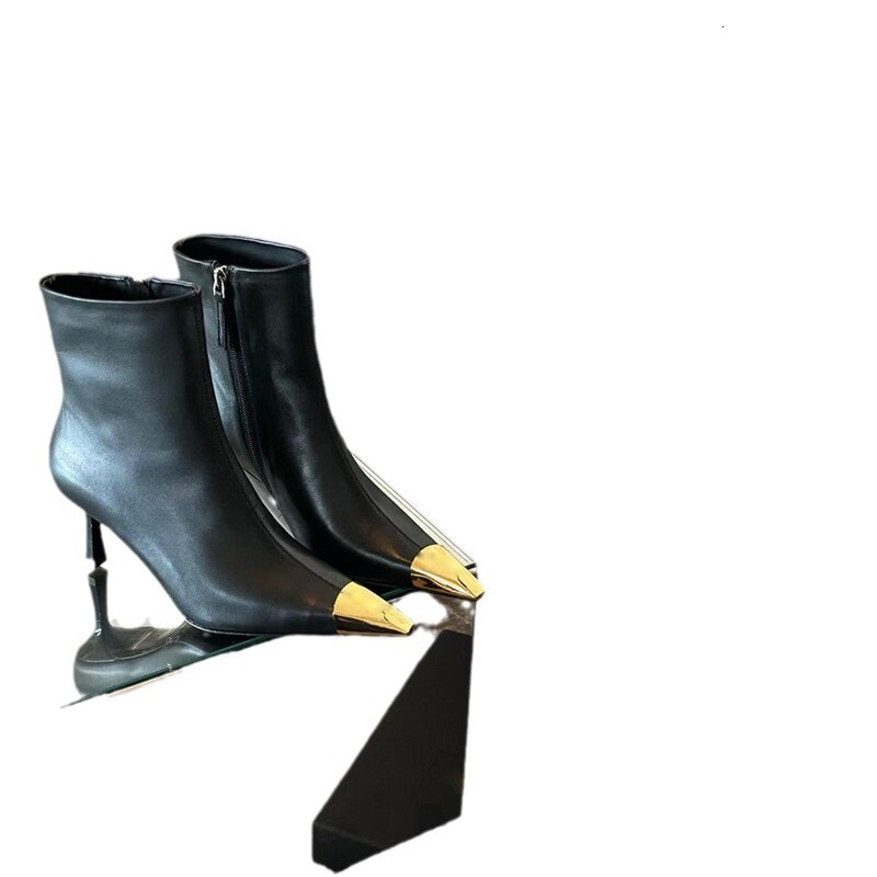 24X1 New 2024 Metal Small Square Toe Slim Heel High-Heeled Shoes Versatile, Fashionable And Comfortable, Side Zipper Short Boots For Women