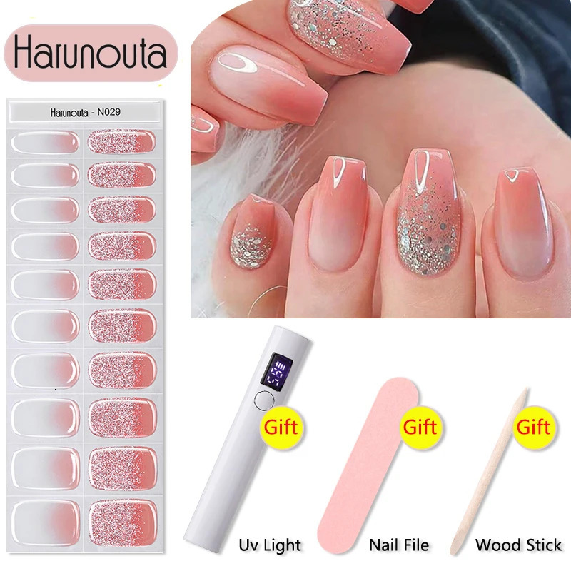 Harunouta 4Pcs/Set Semi Cured Gel Nail Strips with Nail Dryer Nail File Wooden Stick Milky Opal Sparkly Shinning LED Cured Wraps 241225