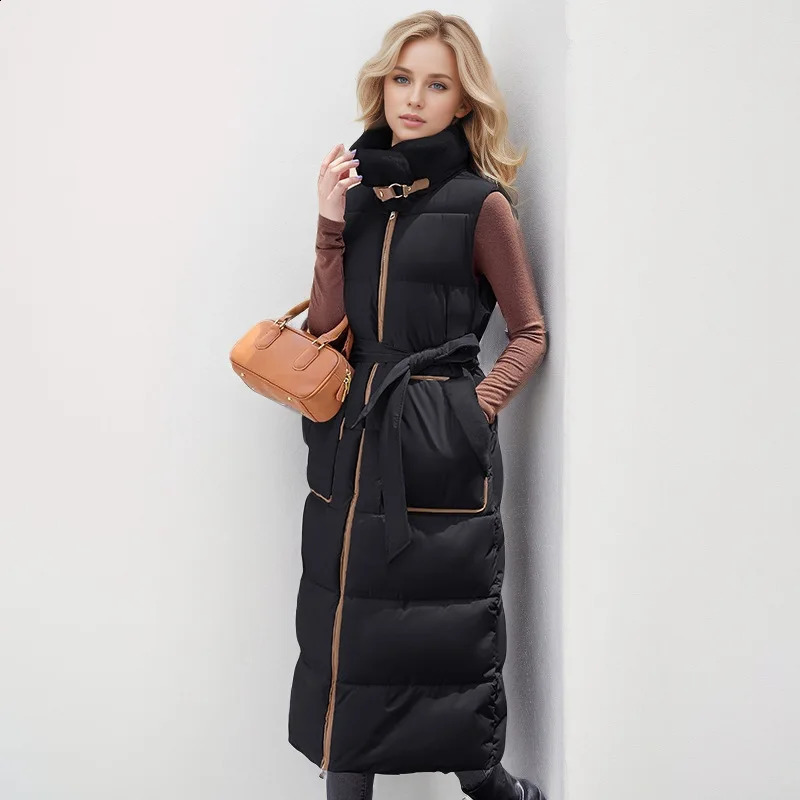 2024 Winter Long Womens Down Cotton Vest Jacket Stylish And HighEnd Plush Stand Collar Cinched Waist Slimmer y241220