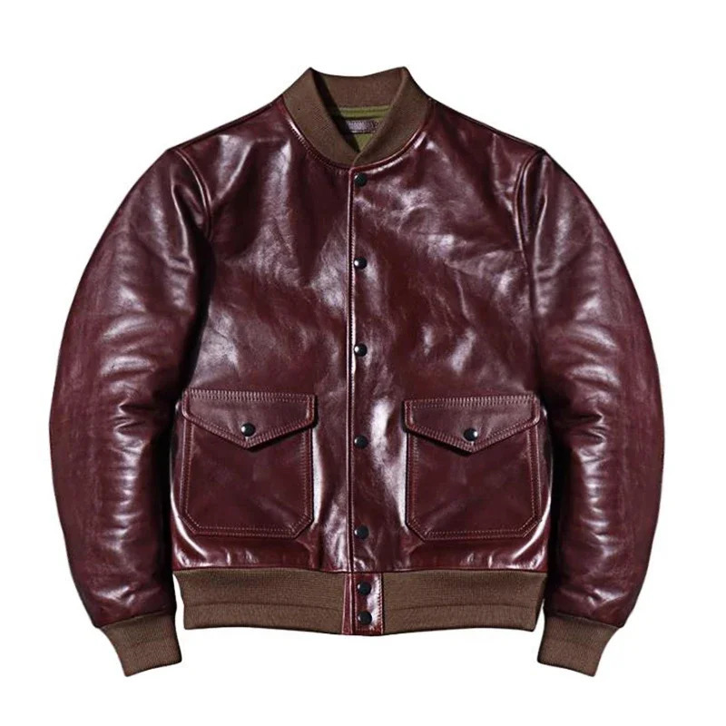 Wax denim retro A1 Flight jacket leather mens genuine leather motorcycle jacket red wine khaki American leather jacket 241224