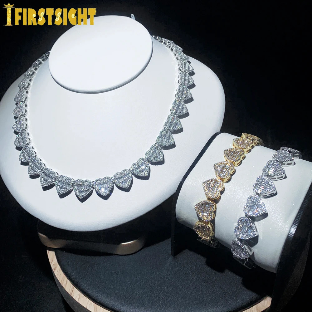 Iced Out CZ Heart Bracelet Silver Color Micro Pave Prong Setting 12MM Hearts Charm Link Chain For Women Hip Hop Jewelry 241225