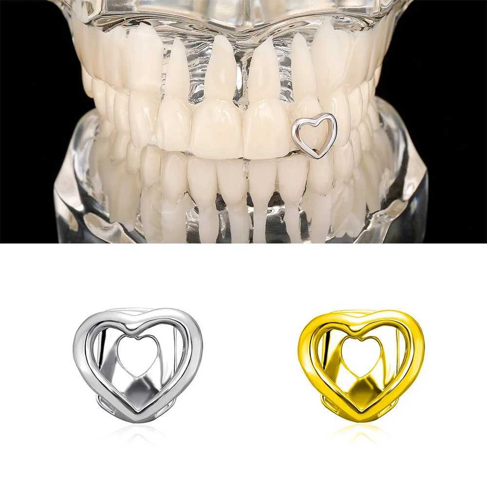 RACHELZ Simple Single Hollow Heart Teeth Grillz Hip Hop Gold Silver Color Tooth Cs For Women Men Jewelry Halloween GiftXJ241225