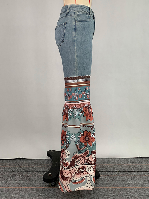 Modigirl Womens Jeans Autumn Winter Blue Vintage Ral Printed Bottoms With Pockets Woman High-Waisted Flared Denim Pants