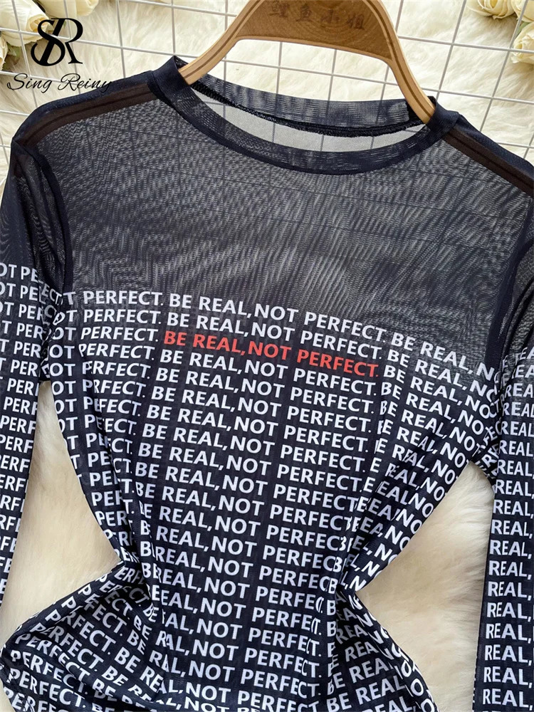 SINGREINY Sexy Ladies Bodysuits Long Sleeves Transparent Letter Print Chic American Fashion Slim sweet Mesh Playsuits 241225