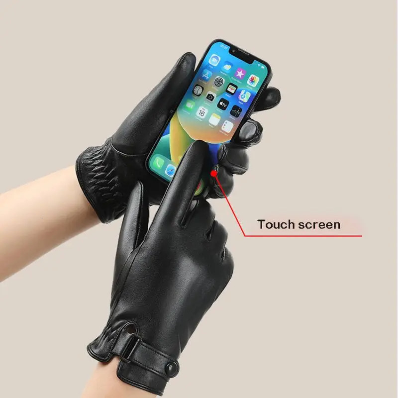Winter Genuine Sheepskin Leather Gloves Men Warm velvet lined Full Finger Touchscreen Outdoor Cycling Driving Motorcycle Gloves 241225