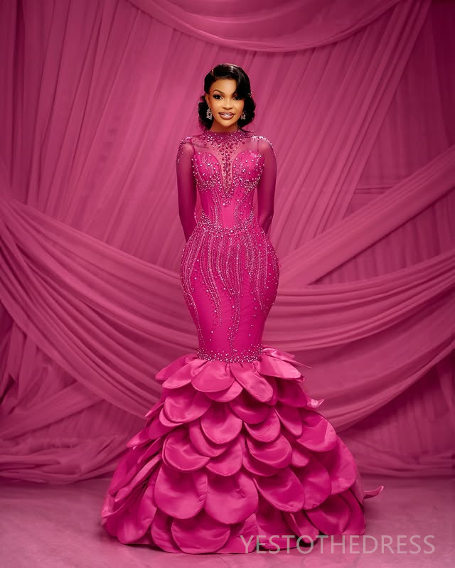 2025 Plus Size Fuchsia Prom Dress For Special Occasions Mermaid Evening Dresses Sheer Neck Long Sleeves Beaded Lacce Birthday Dress Second Reception G
