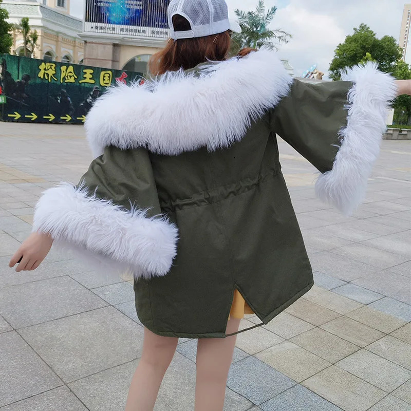 MAOMAOKONG natural wool oversized fur collar trumpet sleeve cotton loose coat Womens jacket 241220