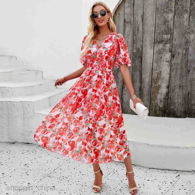 dresses for woman dress women's spring/summer vacation casual print waist cinched V-neck short sleeved long skirt