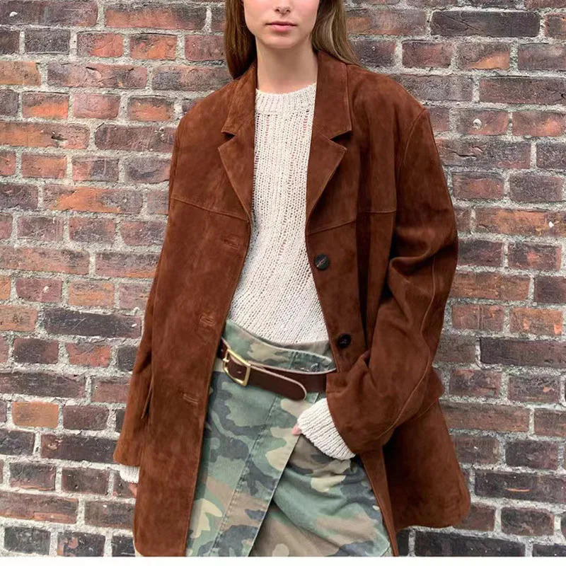 Vintage Brown Kid Suede Jacket for Women 2023 High Sense Loose Oversized Leather Suit Blazer Female Casual Coat Streetwear 241225