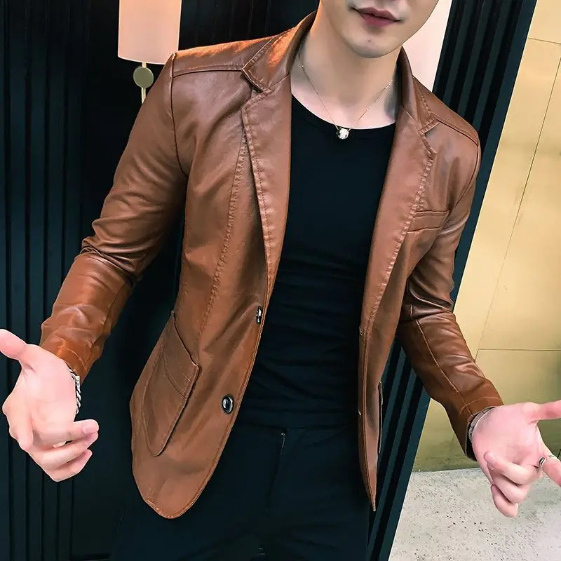 Thin Slim Fit Leather Jacket for Men Single Breasted In Man Suits and Blazers Handsome Vintage Simple Casual Classic Coats 241225