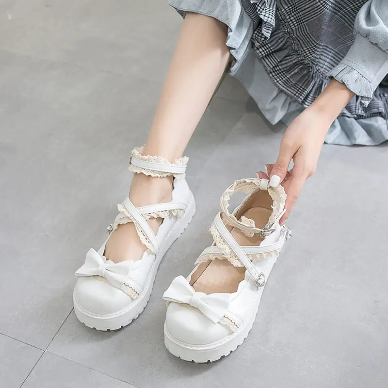 gothic lolita shoes Womens Kawaii red Cosplay shoes with bow Princess Shoes Students girls Lovely Cross Straps Mary Jane Shoes 241225