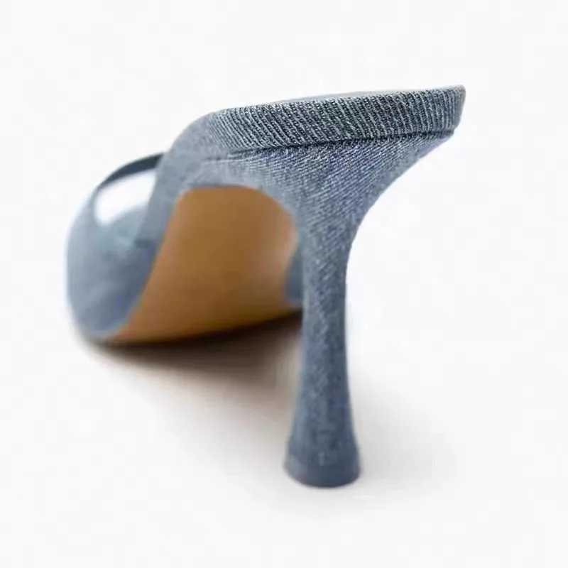 Summer New 2024 Pointed Denim with High Heels Womens Thin Heels Light Mouth Fashion Girls Cool Slippers DropshippingC241225