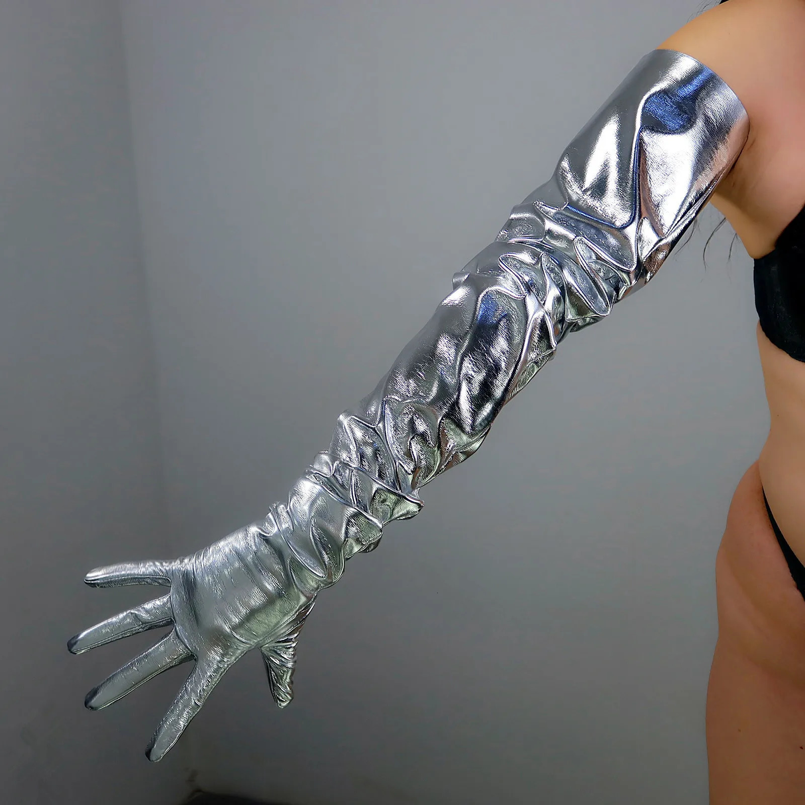 LATEX LONG GLOVES Shine Patent Faux Leather 20 50cm Silver Unisex Long Metallic Mirror LLDLLNT 241225