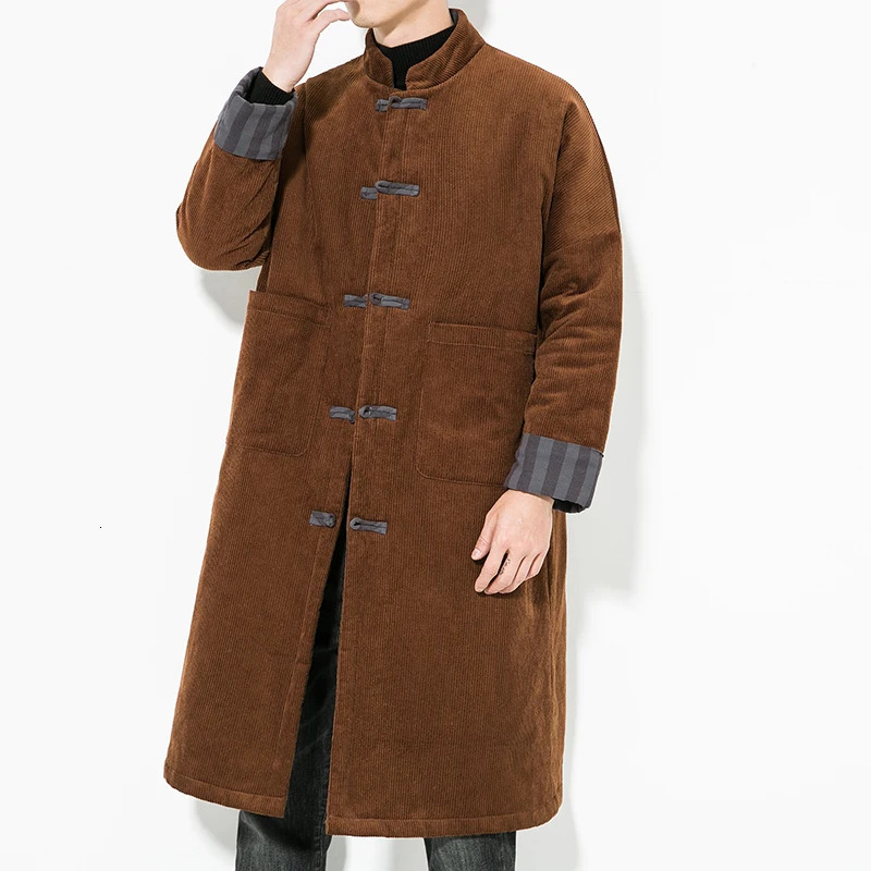 2023 Autumn Winter Men Retro Kung Fu Long Parkas Mens Corduroy Cotton Padded Jacket Windbreaker Male Warm Vintage Trench Coat 241225