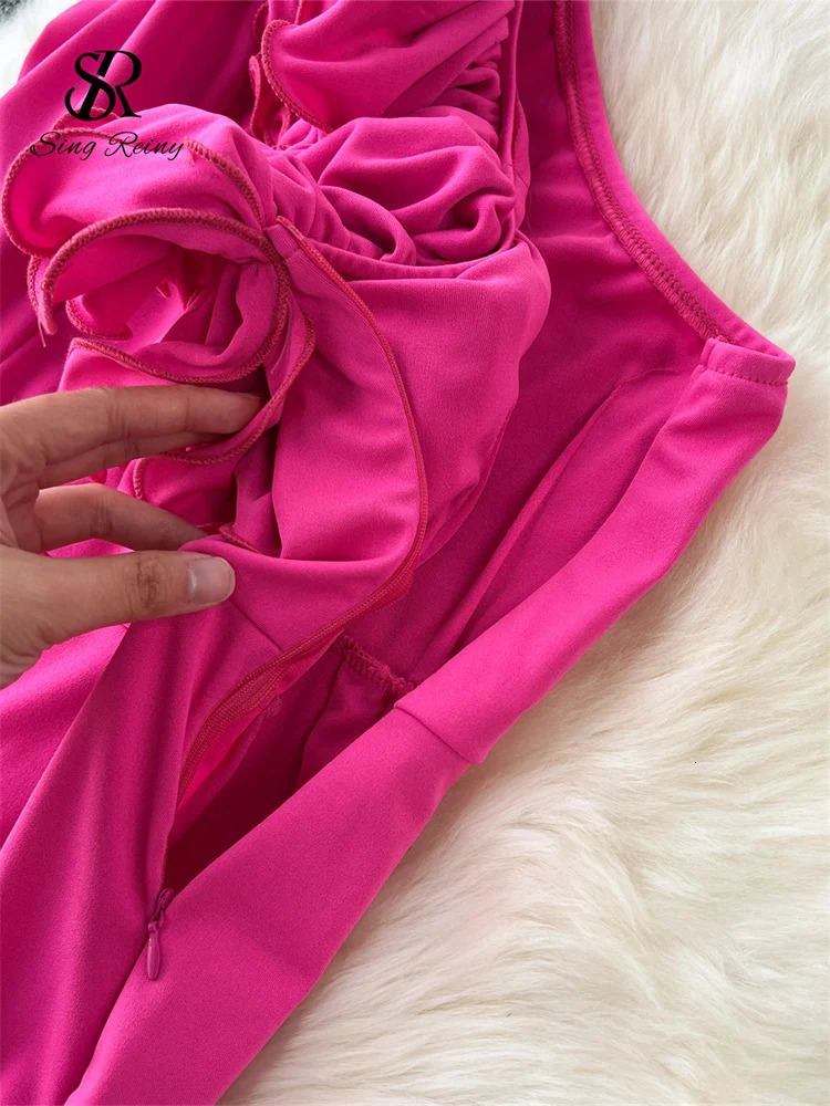 SINGREINY Off the Shoulder Sexy Jumpsuits 3D Floral Zipper Slim Rompers Fashion Solid Wide Legs Long Playsuits 241224