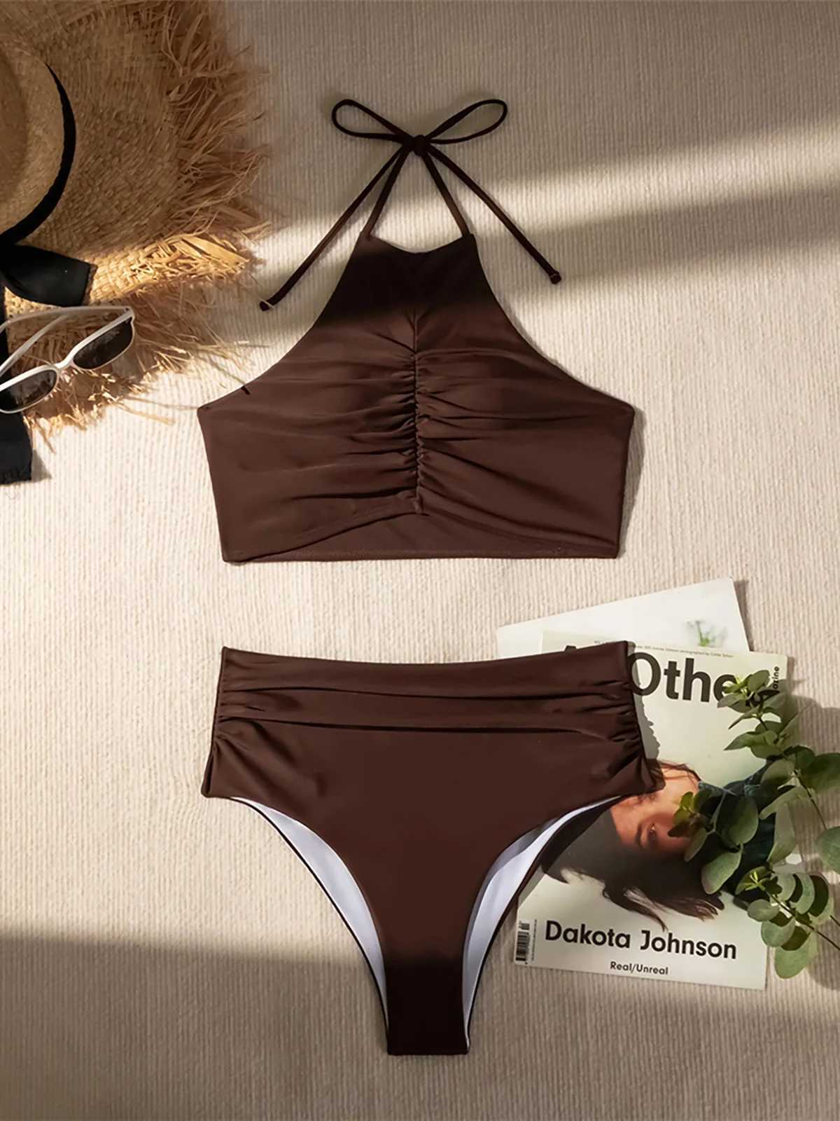 Halter Wrinkled High Neck womens swimsuit High Waist bikini womens swimsuit two-piece bikini swimsuitW241225