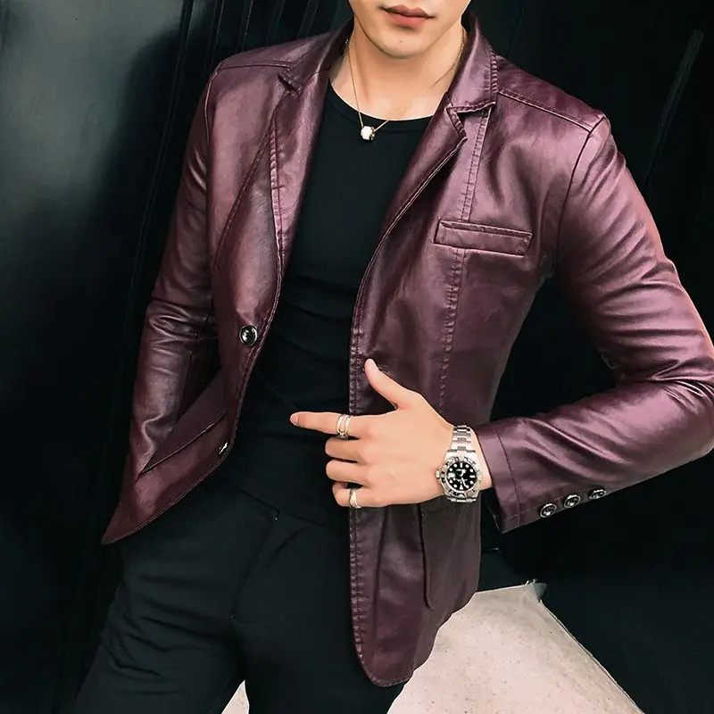 Thin Slim Fit Leather Jacket for Men Single Breasted In Man Suits and Blazers Handsome Vintage Simple Casual Classic Coats 241225