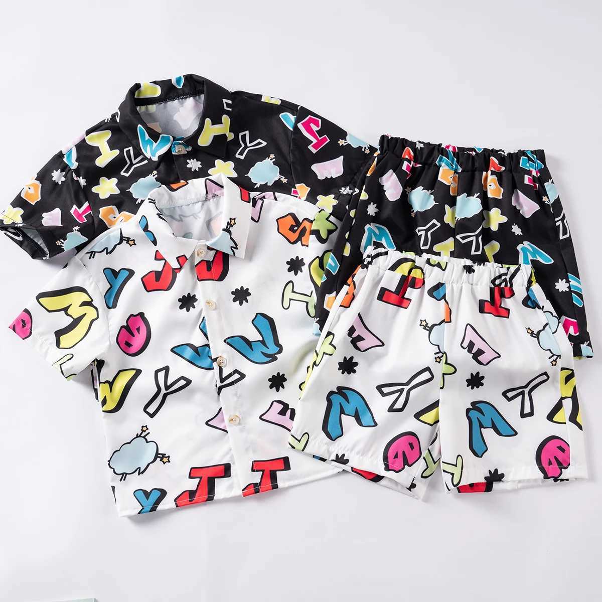 Clothing Sets Summer Boys Fashion Shirt Suit Single-breasted Lapel Short Sleeve Letter Full Print Shorts 2pcs Childrens Street Style SuitY241225MH1T