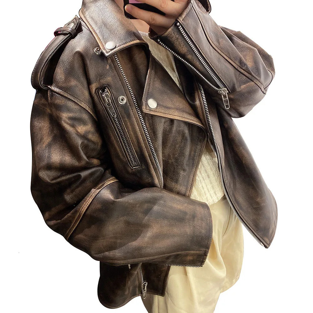 YOLOAgain 2023 Autumn Oversized Vintage Moto Biker Leather Jacket Women High Quality Real Ladies 241225